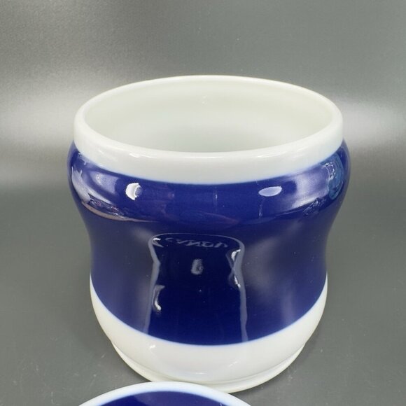 1970s Porsgrund Norway Porcelain Covered Candy Dish Jar Blue White Container VTG - Picture 9 of 11